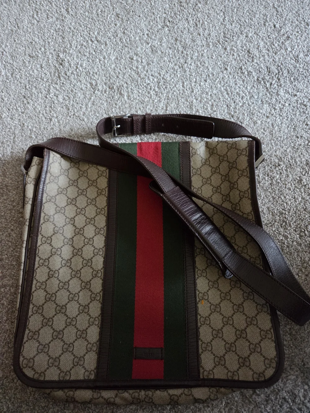 Gucci Brown Leather Authentic Messenger with Green-Red Web Stripe and GG Canvas